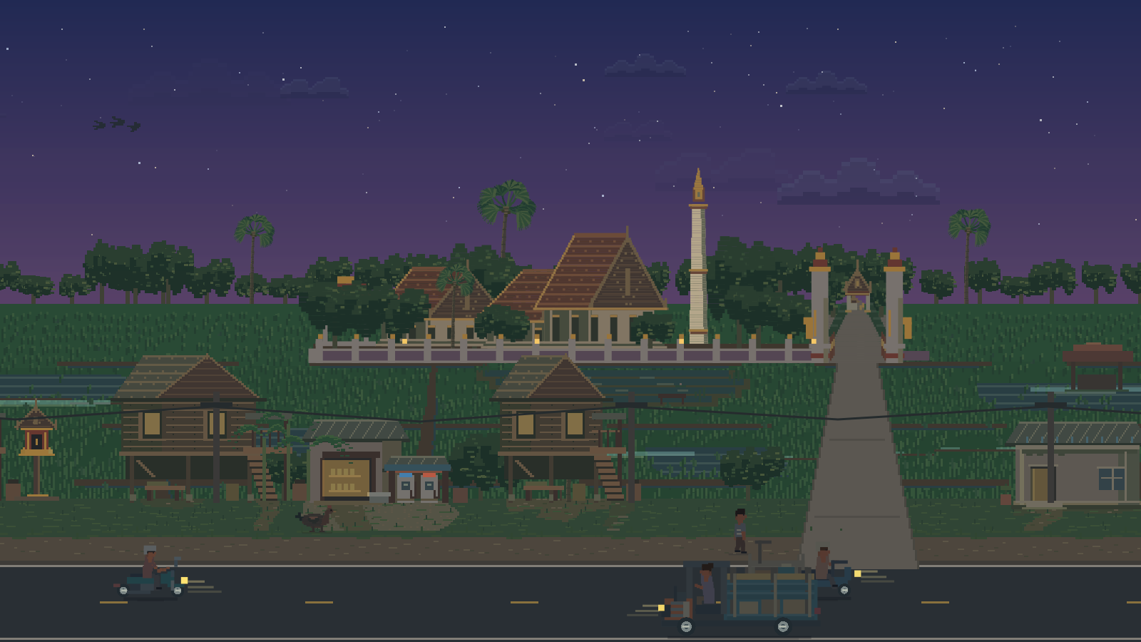 Pixel art preview of the Ban Chi Thuan — Wat Thung Si Wilai scene. (Dusk)