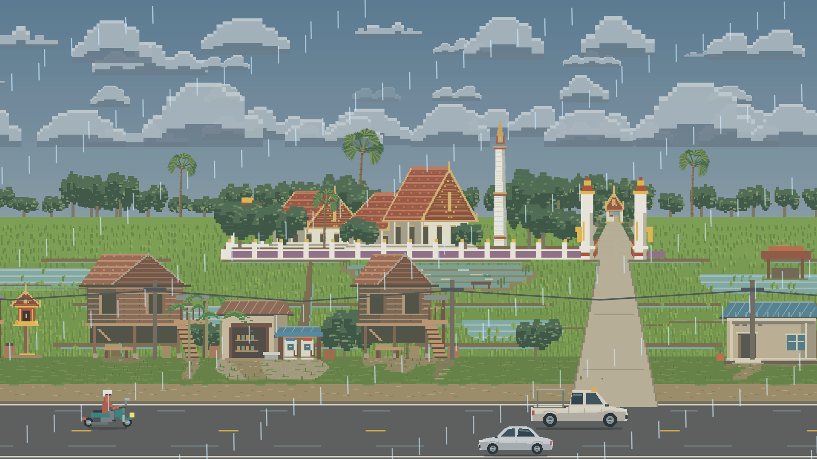 Pixel art preview of the Ban Chi Thuan — Wat Thung Si Wilai scene. (Rain)