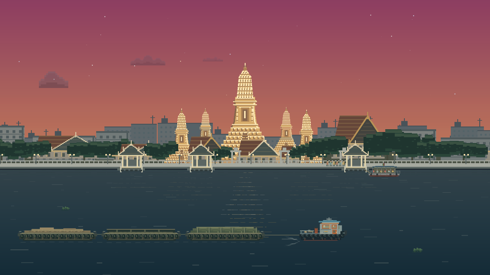 Pixel art preview of the Bangkok — Chao Phraya scene. (Dusk)