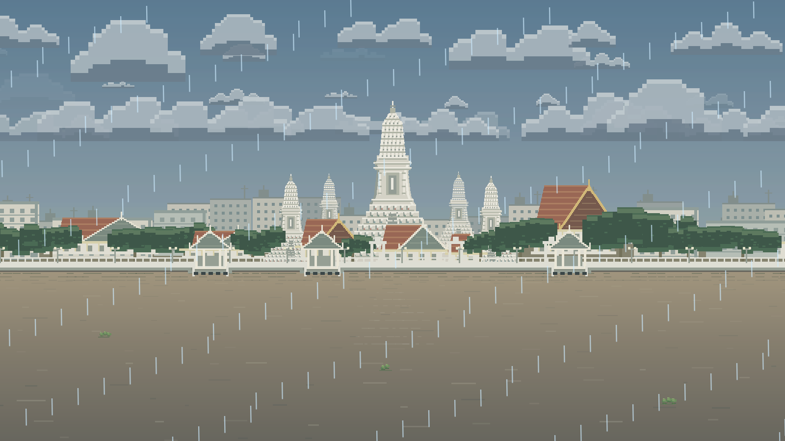 Pixel art preview of the Bangkok — Chao Phraya scene. (Rain)
