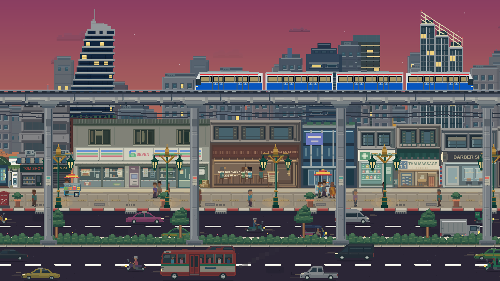 Pixel art preview of the Bangkok — Sukhumvit scene. (Dusk)