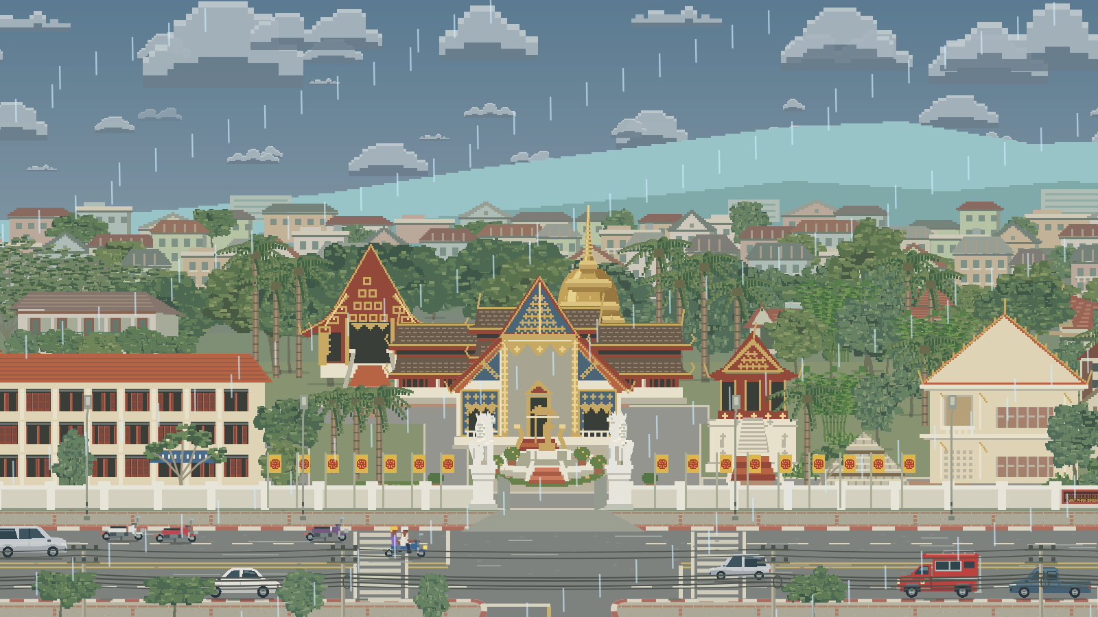 Pixel-Art-Vorschau der Szene Chiang Mai — Wat Phra Singh. (Regen)