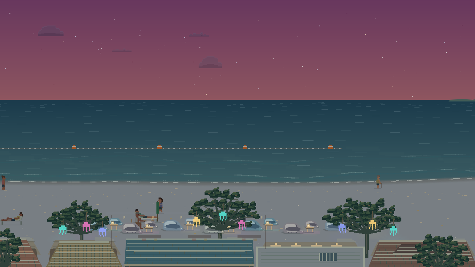 Pixel art preview of the Koh Samet — Hat Sai Kaew scene. (Dusk)